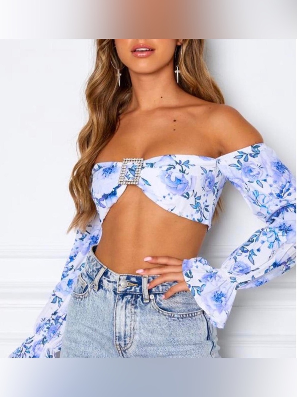 NWT White Fox Jadore Crop White Blue Long Sleeve Blouse Top S